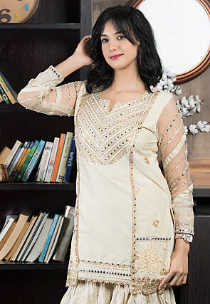 Embroidered Chanderi Silk Straight Kurta in Beige