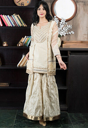 Embroidered Chanderi Silk Straight Kurta in Beige