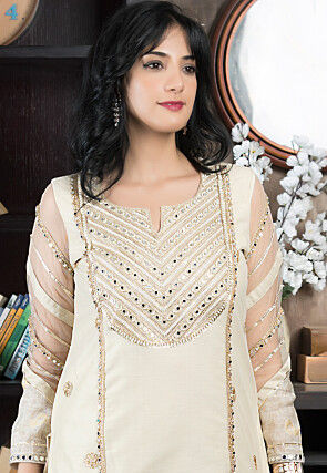 Embroidered Chanderi Silk Straight Kurta in Beige