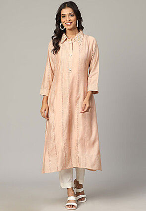 Embroidered Chanderi Silk Straight Kurta in Peach