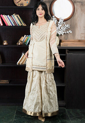 Embroidered Chanderi Silk Straight Kurta Set in Beige
