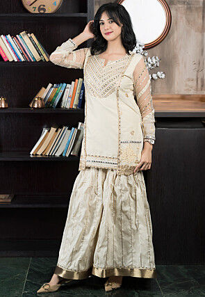 Embroidered Chanderi Silk Straight Kurta Set in Beige