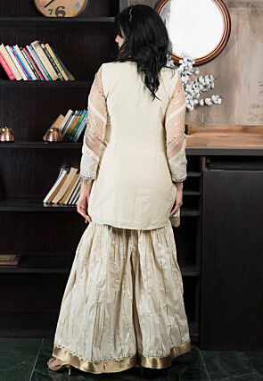 Embroidered Chanderi Silk Straight Kurta Set in Beige