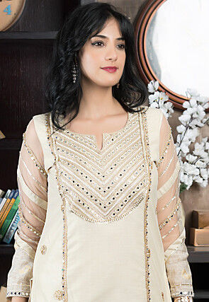 Embroidered Chanderi Silk Straight Kurta Set in Beige