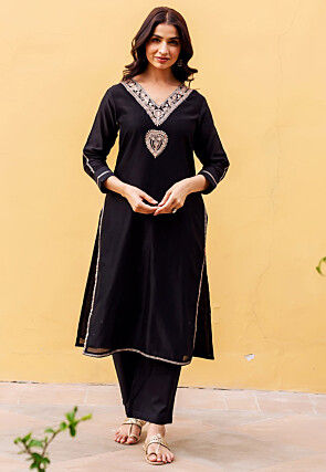 Embroidered Chanderi Silk Straight Kurta Set in Black
