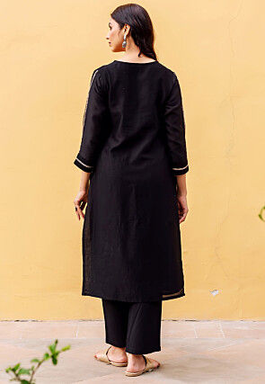 Embroidered Chanderi Silk Straight Kurta Set in Black
