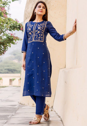 Embroidered Chanderi Silk Straight Kurta Set in Dark Blue