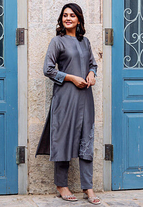 Embroidered Chanderi Silk Straight Kurta Set in Grey