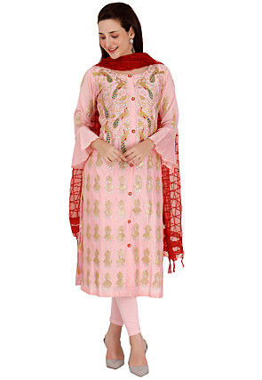 Embroidered Chanderi Silk Straight Suit in Baby Pink