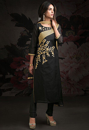 Embroidered Chanderi Silk Straight Suit in Black