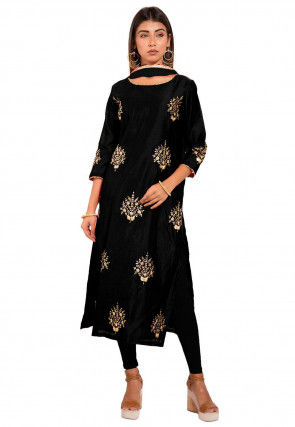 Embroidered Chanderi Silk Straight Suit in Black