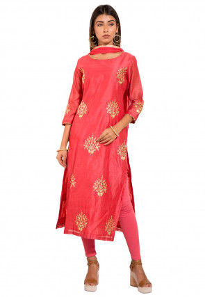 Embroidered Chanderi Silk Straight Suit in Coral Pink