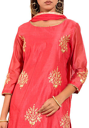 Embroidered Chanderi Silk Straight Suit in Coral Pink