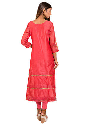 Embroidered Chanderi Silk Straight Suit in Coral Pink