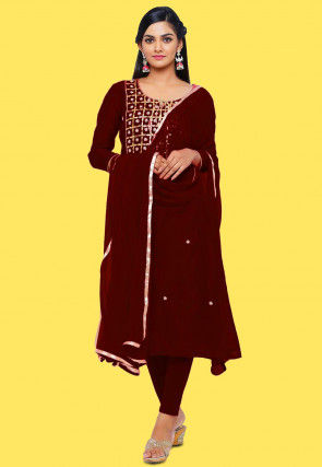 Embroidered Chanderi Silk Straight Suit in Dark Maroon