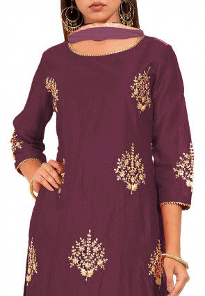 Embroidered Chanderi Silk Straight Suit in Purple
