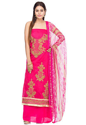 Embroidered Chanderi Silk Straight Suit in Fuchsia