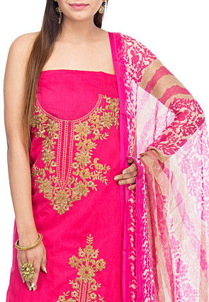 Embroidered Chanderi Silk Straight Suit in Fuchsia