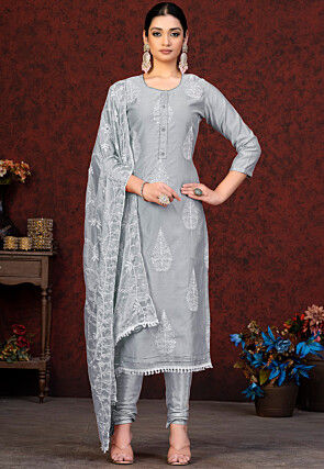Embroidered Chanderi Silk Straight Suit in Grey