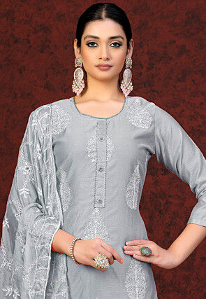 Embroidered Chanderi Silk Straight Suit in Grey