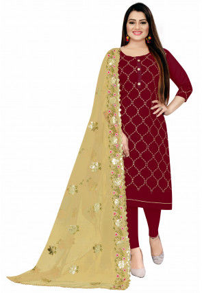 Embroidered Chanderi Silk Straight Suit in Maroon