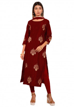 Embroidered Chanderi Silk Straight Suit in Maroon