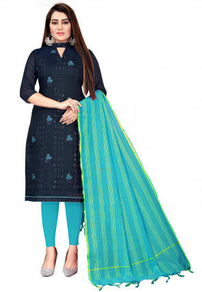 Embroidered Chanderi Silk Straight Suit in Navy Blue