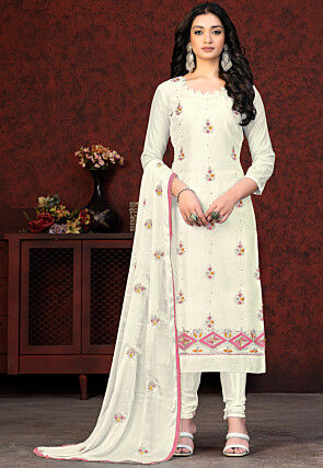 Embroidered Chanderi Silk Straight Suit in Off White