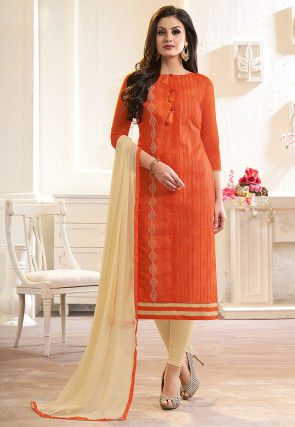 Embroidered Chanderi Silk Straight Suit in Orange