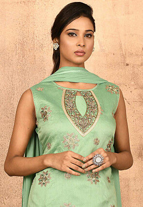 Embroidered Chanderi Silk Straight Suit in Pastel Green