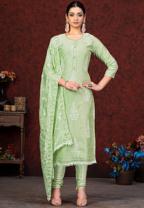 Embroidered Chanderi Silk Straight Suit in Pastel Green
