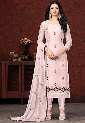 Embroidered Chanderi Silk Straight Suit in Pink