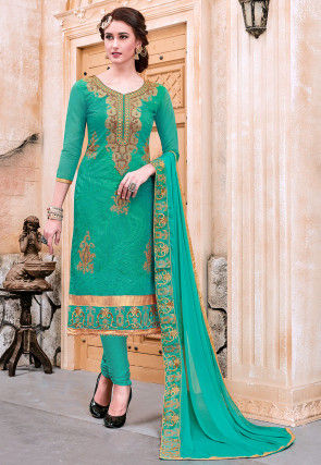 Embroidered Chanderi Silk Straight Suit in Teal Green