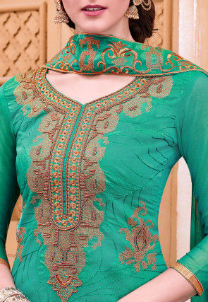 Embroidered Chanderi Silk Straight Suit in Teal Green