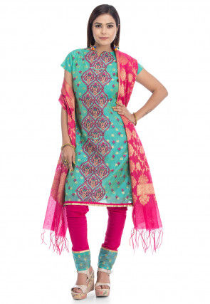 Embroidered Chanderi Silk Straight Suit in Teal Green
