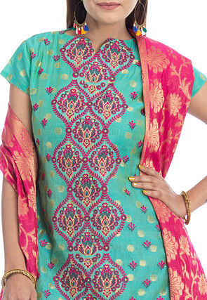 Embroidered Chanderi Silk Straight Suit in Teal Green