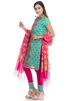 Embroidered Chanderi Silk Straight Suit in Teal Green