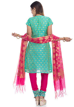 Embroidered Chanderi Silk Straight Suit in Teal Green