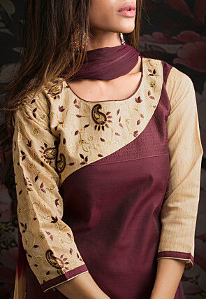 Embroidered Chanderi Silk Straight Suit in Wine and Beige