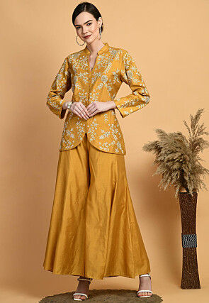 Embroidered Chanderi Silk Top Set in Mustard
