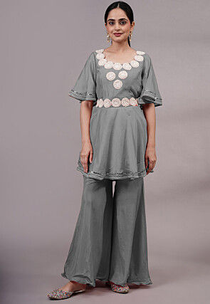 Embroidered Chanderi Silk Tunic Set in Grey