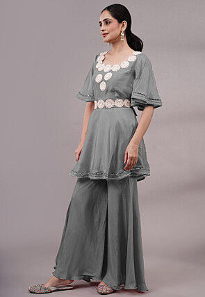 Embroidered Chanderi Silk Tunic Set in Grey