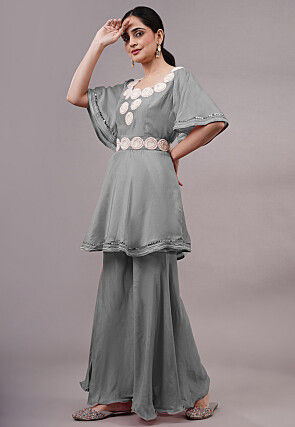 Embroidered Chanderi Silk Tunic Set in Grey