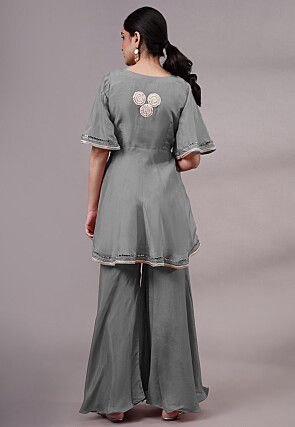 Embroidered Chanderi Silk Tunic Set in Grey