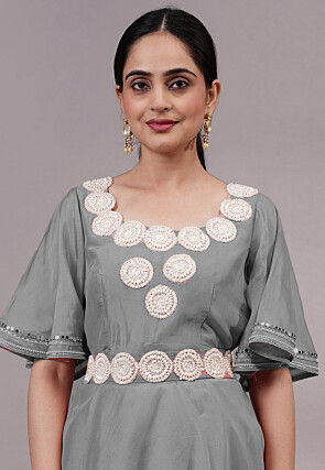 Embroidered Chanderi Silk Tunic Set in Grey