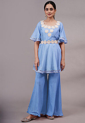 Embroidered Chanderi Silk Tunic Set in Light Blue