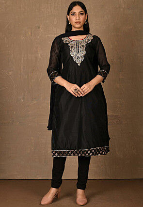 Embroidered Chanderi Straight Suit in Black