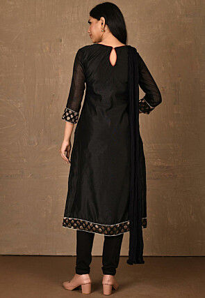 Embroidered Chanderi Straight Suit in Black