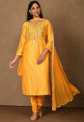 Embroidered Chanderi Straight Suit in Mustard