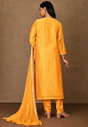 Embroidered Chanderi Straight Suit in Mustard